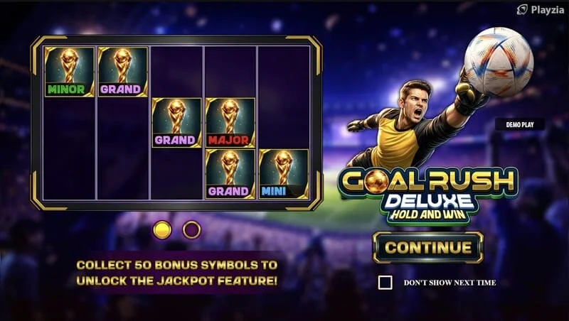 Goal Rush Deluxe - glavni meni sa rolnama i tribinama stadiona